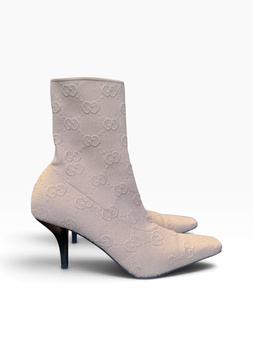 Gucci GG Monogram Knit Sock Ankle Square Toe Heeled Boots EU 39 Cream Tan